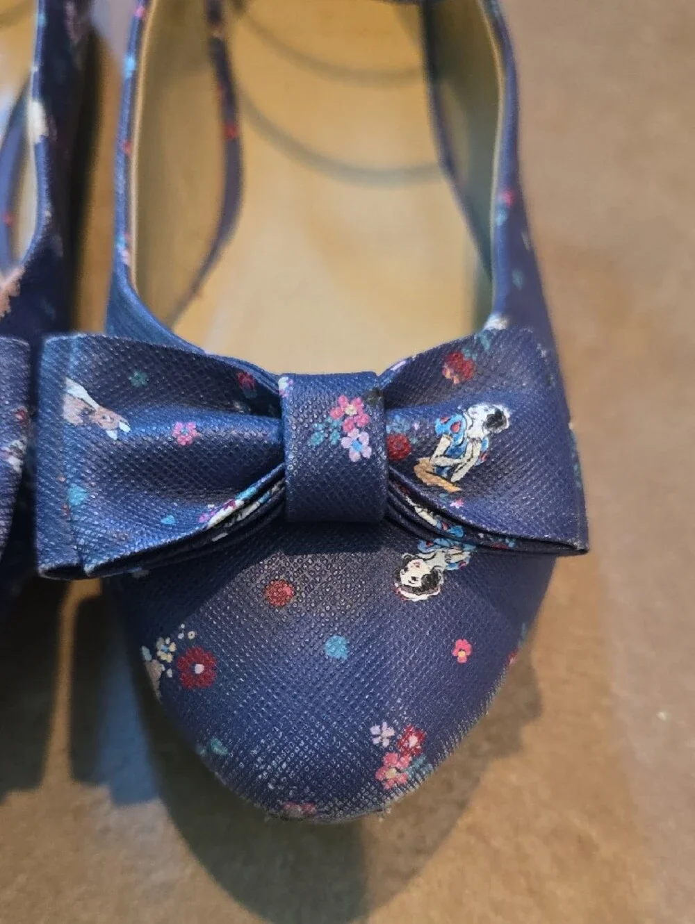 Disney Janie And Jack Girl's Navy Floral Bow Ankle-Strap Flats. Size 13